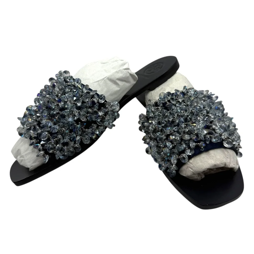 NEW Tory Burch Crystal Embellished Crystal Slide Sandals Navy Black Leather 6M